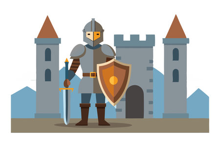 Medieval knight standing in front of a castleのイラスト素材