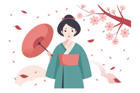 Japanese woman in traditional kimono with cherry blossomsのイラスト素材