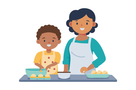 A cheerful parent and child are cooking together in the kitchen, wearing aprons and enjoying the process of baking.のイラスト素材