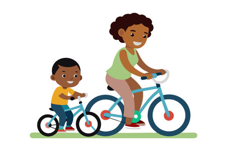 Illustration of a mother and child happily riding bicycles together, promoting outdoor activity and family bonding.のイラスト素材