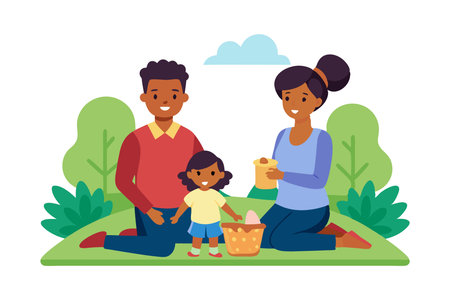 Happy family enjoying a picnic in the park with their child on a sunny day. Perfect for concepts of family bonding, outdoor activities, and leisure time.のイラスト素材