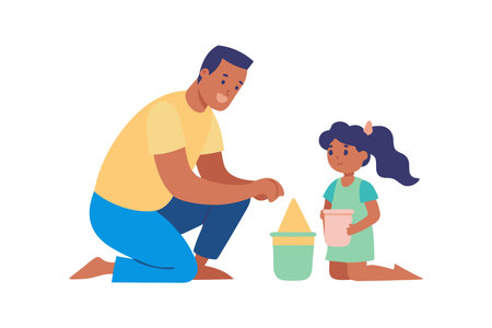 A father and daughter building a sandcastle together, capturing a playful and bonding moment between parent and child.のイラスト素材
