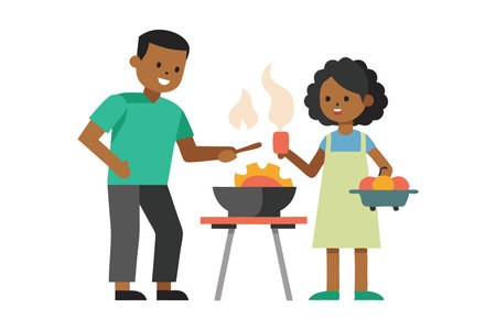 Illustration of a happy cartoon couple grilling vegetables and meat together. Ideal for concepts of cooking, summer, family, and outdoor activities.のイラスト素材