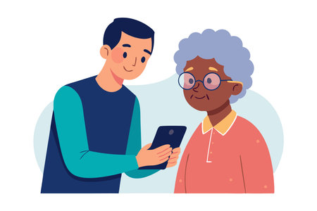 Young man assisting elderly woman with smartphone, showing technology support and intergenerational bonding.のイラスト素材