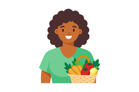 Smiling woman holding a basket of fresh vegetables, highlighting healthy lifestyle and organic food choices.のイラスト素材