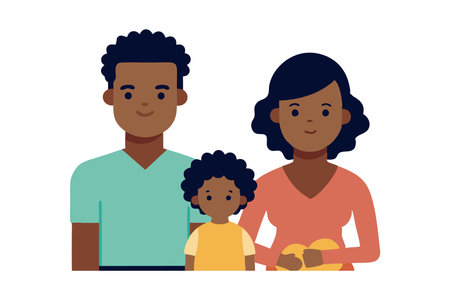 Simple flat vector illustration of a happy family including parents and their young child, showing family love and togetherness.のイラスト素材