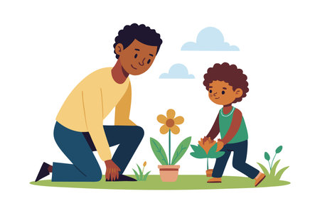 Illustration of a father and son gardening together, planting a flower outside on a sunny day, enjoying family time and nature.のイラスト素材