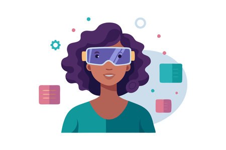 Colorful vector illustration of a woman using a virtual reality headset, representing immersive technology and futuristic experiences.のイラスト素材