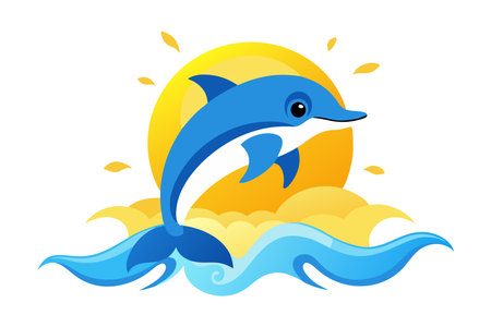 Colorful illustration of a playful dolphin leaping over the ocean waves with a sunset background. Perfect for fun, ocean, and marine life themes.のイラスト素材
