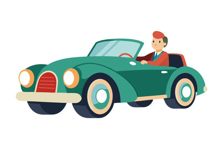 Illustration of a green vintage car with a driver wearing a red cap and blue shirt. Perfect for concepts of travel, nostalgia, and retro styles.のイラスト素材