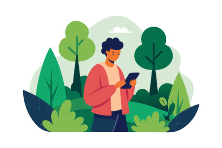 Illustration of a person using a digital tablet in a lush green forest, blending technology with nature.のイラスト素材
