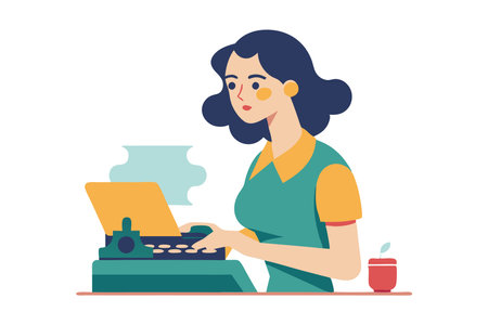 Cartoon illustration of a woman typing on a vintage typewriter. The image conveys a feeling of focus, creativity, and retro aesthetics.のイラスト素材