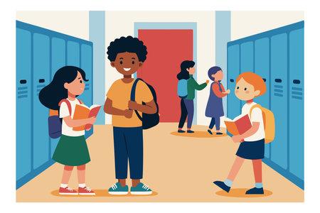 Illustration of diverse children interacting in a school hallway with lockers. Some students are chatting while others are reading books.のイラスト素材