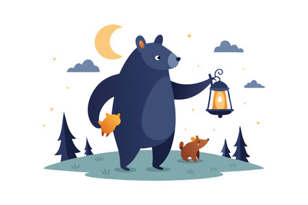 Whimsical cartoon illustration of a parent bear holding a lantern with a baby bear in a nighttime forest setting under the moonlight.のイラスト素材