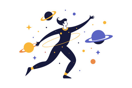 Abstract illustration of a person in space surrounded by planets and stars, representing imagination and exploration.のイラスト素材