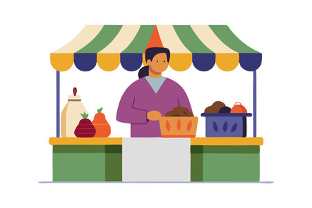 An illustration of a market vendor selling fresh fruits and vegetables at a colorful market stand.のイラスト素材