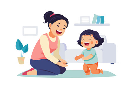 Happy mother and child bonding and playing together at home. The illustration shows joy, family love, and a strong parent-child relationship.のイラスト素材