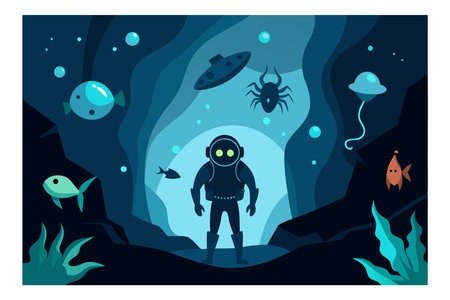 Surreal underwater illustration featuring a deep sea diver surrounded by fish, UFOs, and alien creatures in a mysterious oceanic settingのイラスト素材