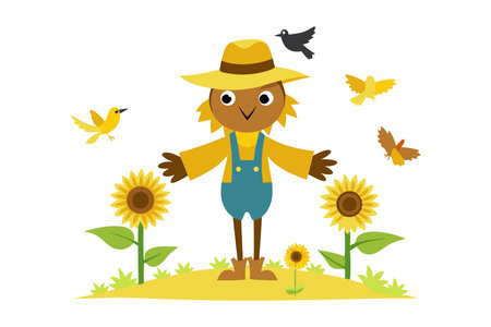 An illustration of a cheerful scarecrow in overalls, surrounded by sunflowers and birds in a lively, playful farm scene.のイラスト素材