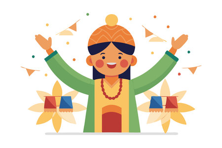 Illustration of a joyful person in traditional clothing celebrating a festival with decorations and a cheerful atmosphere.のイラスト素材