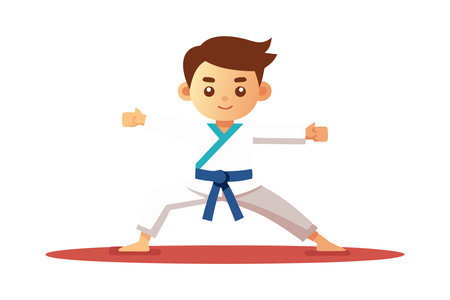 Illustration of a young boy wearing a karate uniform with a blue belt, practicing martial arts in a determined stance.のイラスト素材