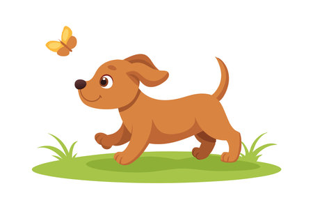 Adorable cartoon puppy playfully chasing a butterfly on a green grassy field, showingcasing joy and innocence.のイラスト素材