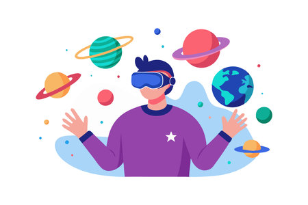 Illustration of a man wearing a VR headset exploring an outer space scene with planets and stars surrounding him.のイラスト素材