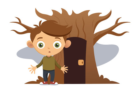 Illustration of a cartoon boy looking confused while standing in front of a tree house with a door.のイラスト素材