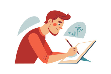 Illustration of a man drawing on a tablet, showing focus, creativity, and artistic skills.のイラスト素材
