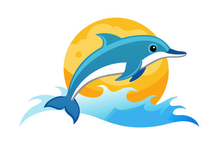 Vibrant dolphin artwork depicting a dolphin jumping over waves set against a warm sunset.のイラスト素材