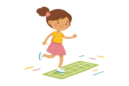 Cheerful illustration of a young girl joyfully playing hopscotch on a sunny day, highlighting fun and playful childhood activities.のイラスト素材