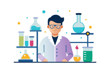 Illustration of a scientist in a lab coat surrounded by laboratory glassware and equipment, representing scientific research and experimentation.のイラスト素材