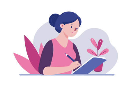 Woman drawing in a sketchbook with a pink ribbon for breast cancer awarenessのイラスト素材