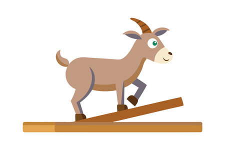 Illustration of a cheerful cartoon goat balancing on a wooden plank, showing playful and animated themes.のイラスト素材