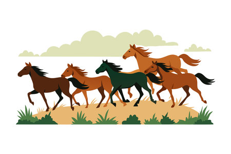 Colorful vector illustration depicting a herd of horses running in a grassy field, showing freedom and nature.のイラスト素材