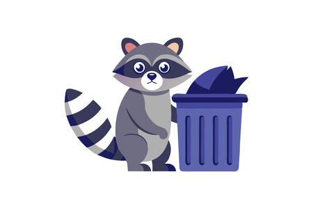 Adorable cartoon raccoon standing next to a trash can in a flat vector style. Perfect for environmental themes and children's illustrations.のイラスト素材