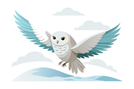 Detailed illustration of a flying snowy owl with outstretched wings in a cloudy sky above a snowy landscape.のイラスト素材