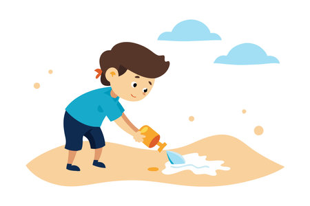 A cheerful illustration of a child playing with water on the beach, enjoying a sunny day with clear skies.のイラスト素材