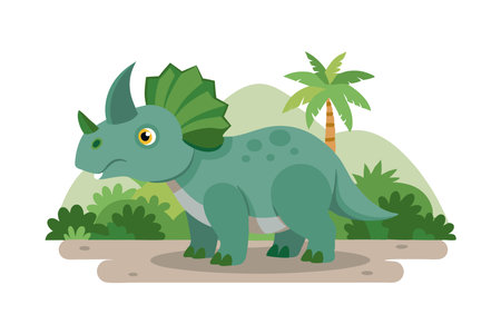 Illustration of a cute cartoon triceratops dinosaur standing in a prehistoric jungle setting with tropical plants and palm trees.のイラスト素材