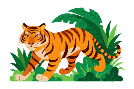 Colorful illustration of a powerful tiger walking through lush jungle plants, representing wildlife, nature, and the beauty of big cats.のイラスト素材