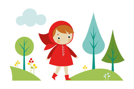 A charming illustration of little red riding hood walking in a stylized forest with whimsical trees and clouds.のイラスト素材
