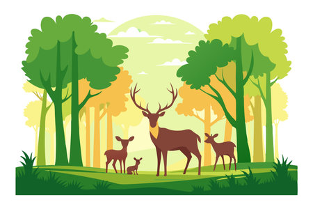 Illustration of a deer family standing together in a vibrant forest filled with green and yellow trees with grass and bushes.のイラスト素材