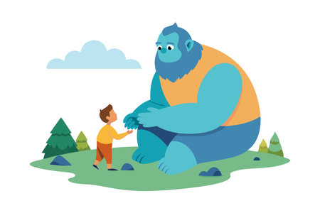 Cartoon image of a child meeting a large blue creature. A scene of friendship and adventure in nature with trees and clouds around.のイラスト素材