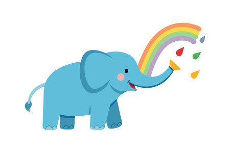 Adorable blue elephant spraying a colorful rainbow from its trunk. Fun and cheerful cartoon illustration perfect for kids and children's design projectsのイラスト素材