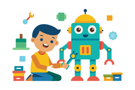 A cheerful boy assembling a bright robot with colorful blocks and tools, evoking creativity and learningのイラスト素材