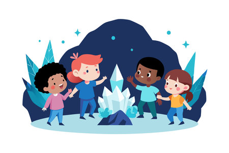 Illustration of a group of diverse children discovering large crystals in a mystical, imaginary environment. The scene evokes wonder, adventure, friendship, and exploration.のイラスト素材