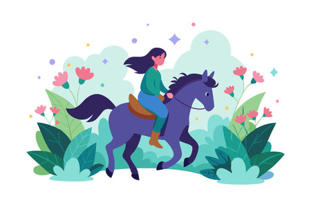 Illustration of a woman riding a horse through a vibrant floral garden, evoking a sense of adventure and nature.のイラスト素材