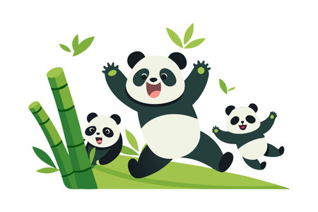 Adorable illustration of a panda family enjoying playful moments in a bamboo forest. Perfect for children's books, educational materials, and cute nature-themed projects.のイラスト素材