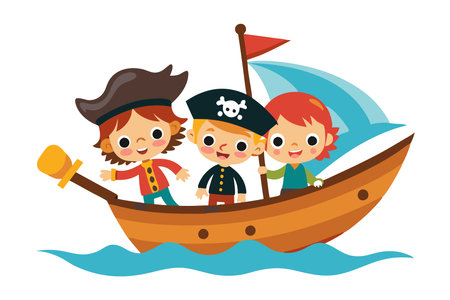 Colorful cartoon illustration featuring three children dressed as pirates aboard a ship sailing on the sea. Perfect for kids' activities, storytelling, and adventure themes.のイラスト素材