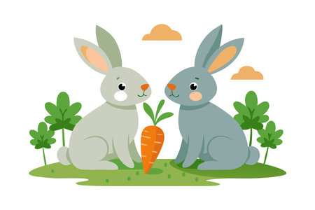 Adorable cartoon rabbits sitting in a grassy area with a carrot. The illustration features a natural backdrop with plants and clouds in the background.のイラスト素材